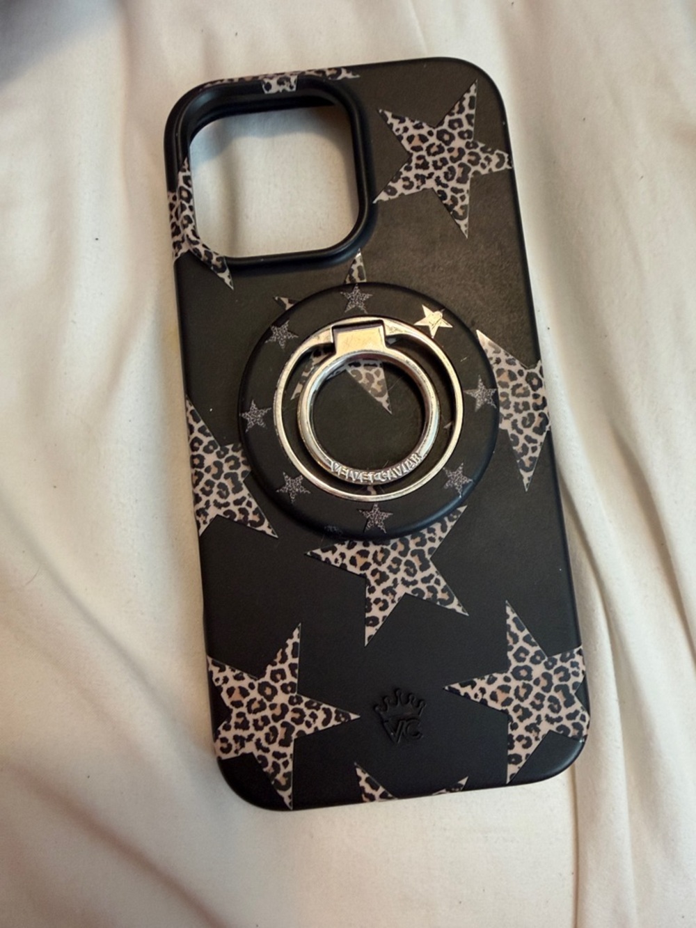 Velvet Caviar Black Leopard Star Phone Case with Silver Ring 16 pro max